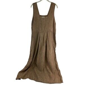 Flax By Jeanne Engelhart Linen Maxi Dress Brown Square Neck Pleated Women Medium